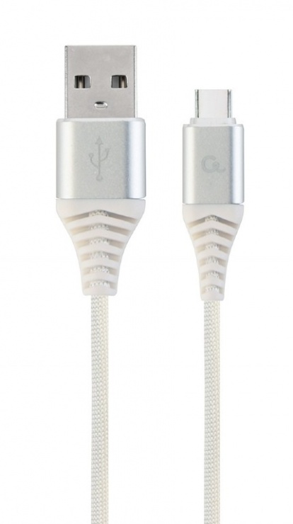 Imagine Cablu USB 2.0 la USB-C Premium Alb/Argintiu brodat 1m, Gembird CC-USB2B-AMCM-1M-BW2